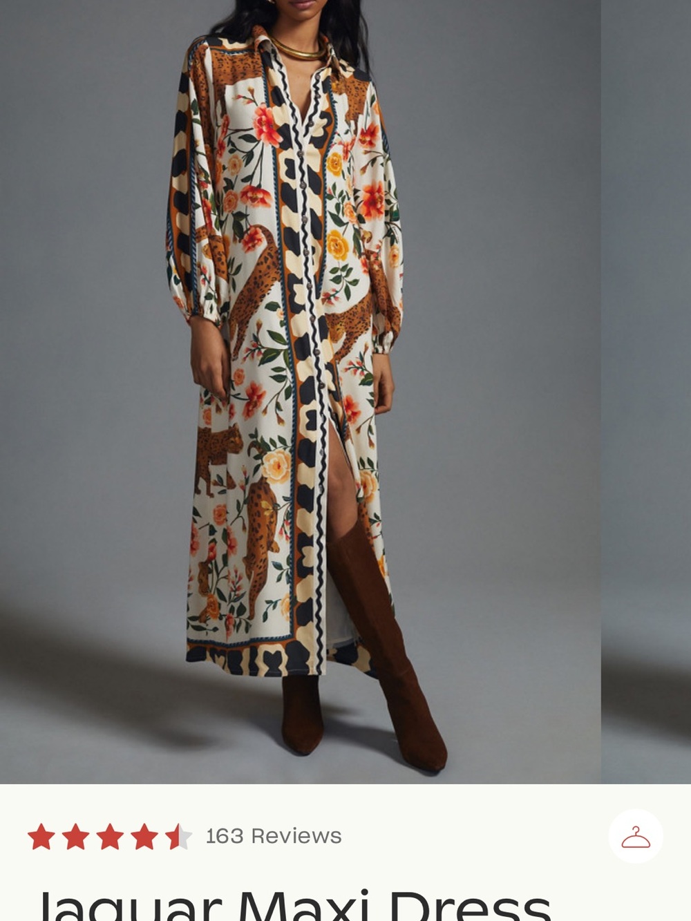 Anthropologie Cream Maxi Shirt Dress with Floral & Leopard Motif